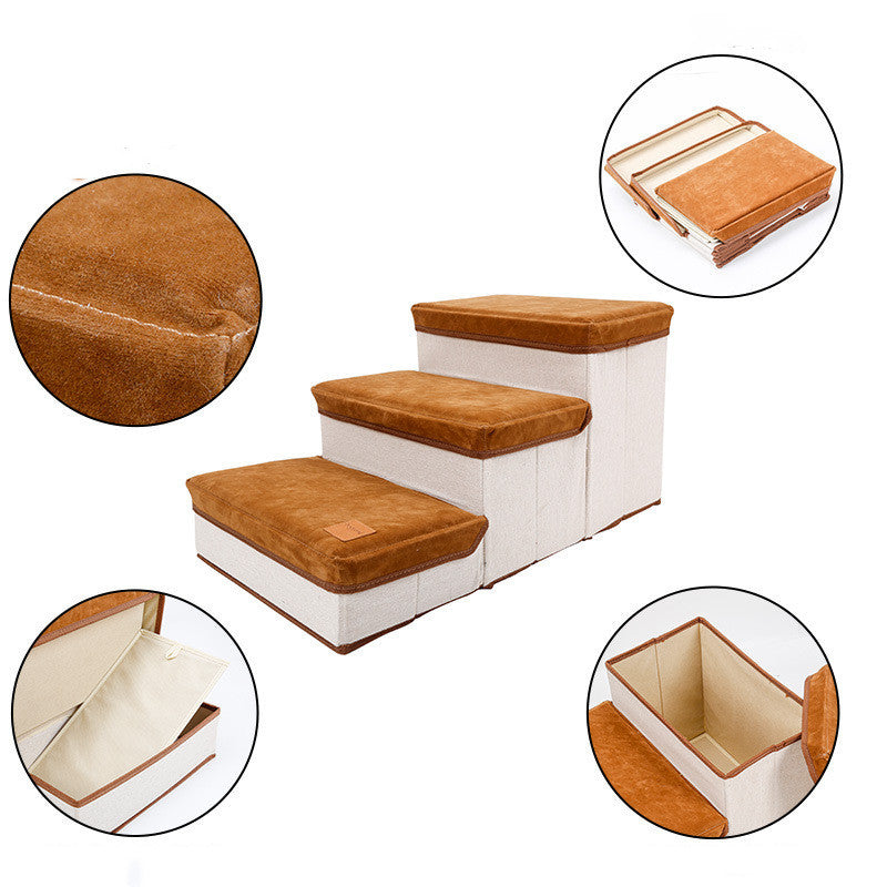 Brown Foldable Dog Stairs with Storage Cotton Dog Ramp home