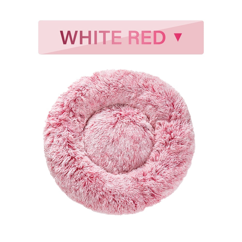 Fluffy Donut Dog Calming Bed | Washable Long Plush Cushion for Dogs L / White Red without zipper beds