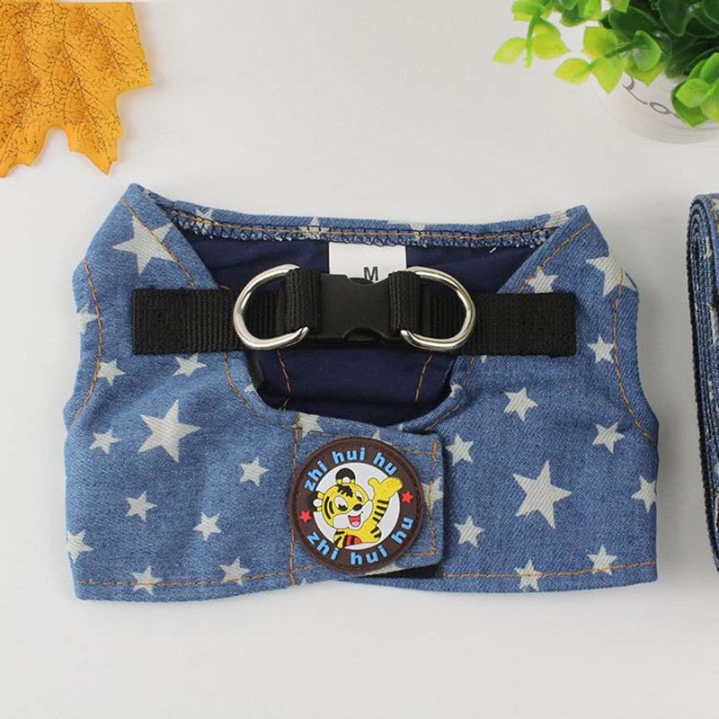 Cute Vest-Style Denim Dog Harness and Leash Set for Small Dogs - Denim stars / L - coats