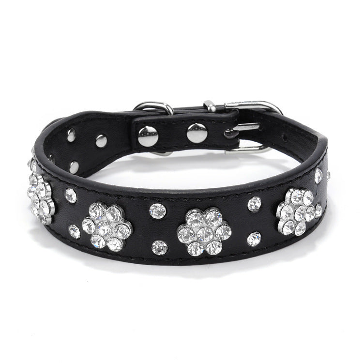 Rhinestone Flower Studded PU Leather Dog Collar | Adjustable Collar For All Dogs Black / M collar
