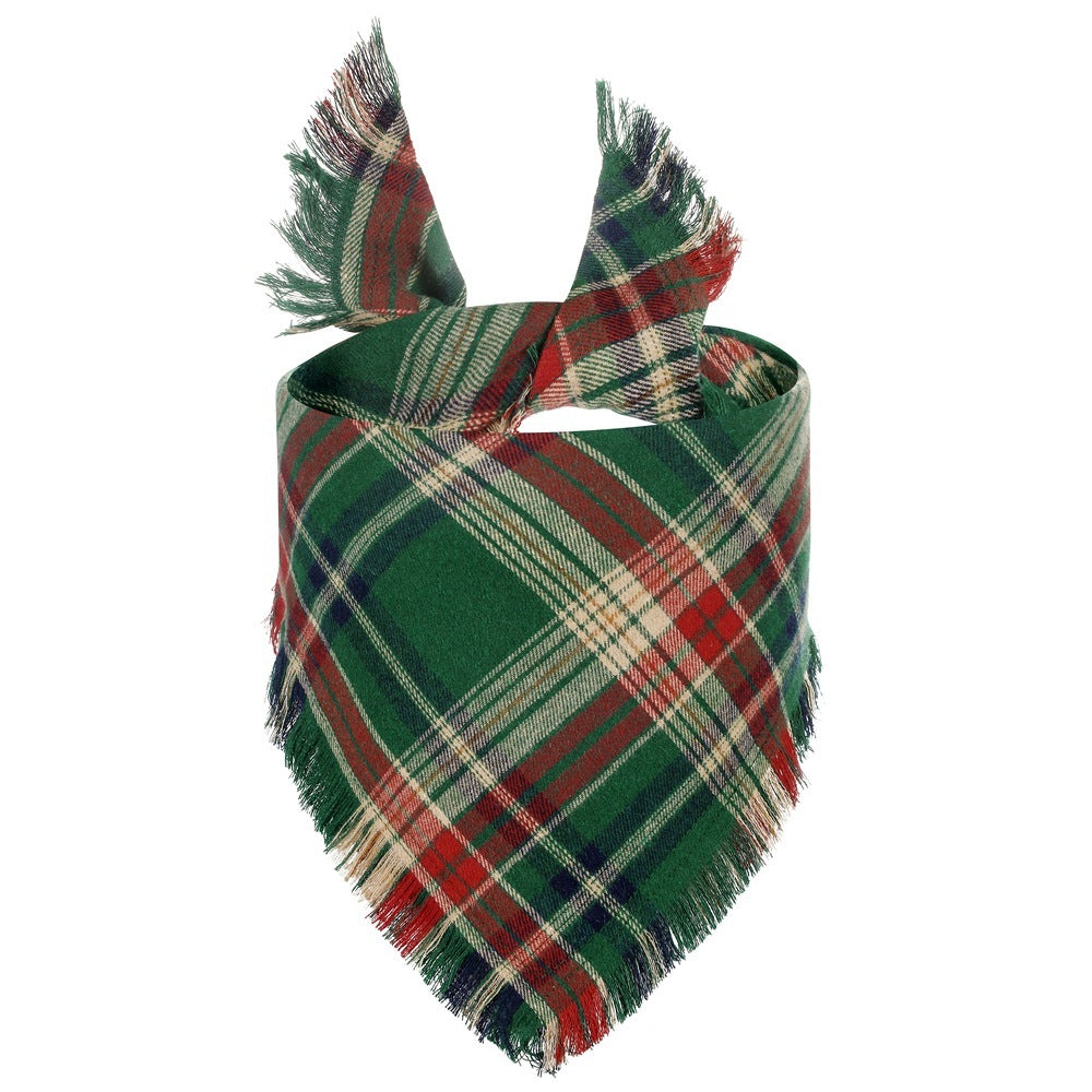 Check Dog Triangle Scarf: Tassel Style Woven Dog Bandana Green Accessories