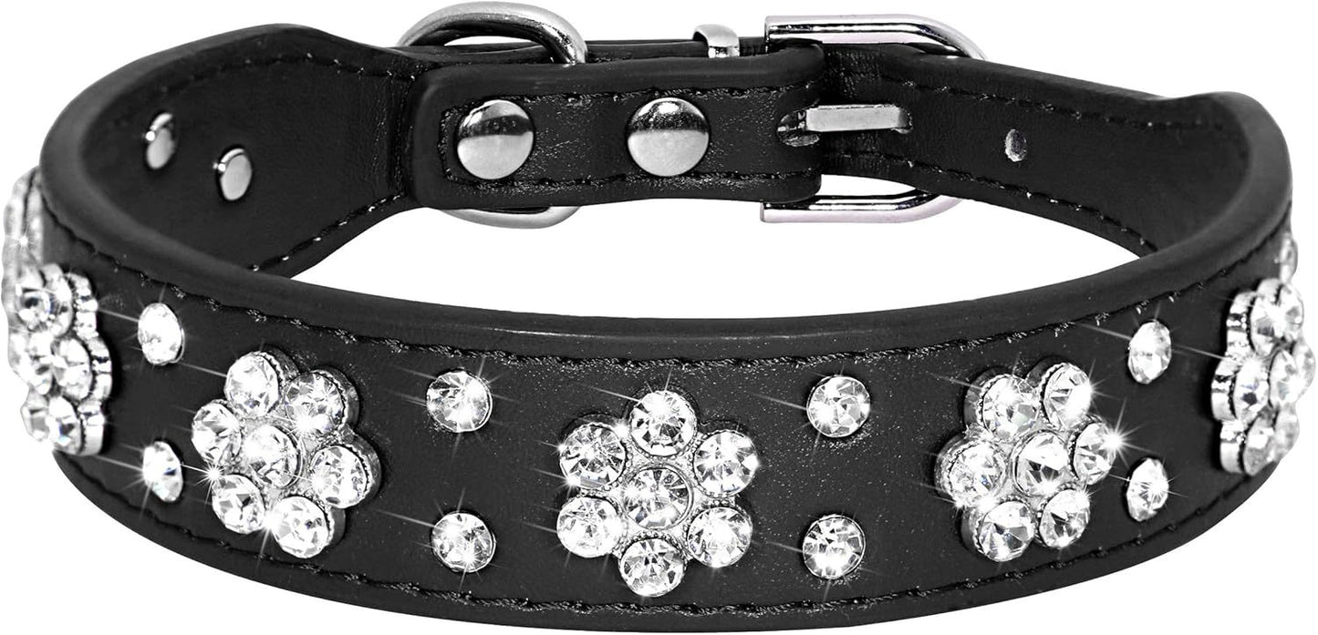 Rhinestone Flower Studded PU Leather Dog Collar | Adjustable Collar For All Dogs collar