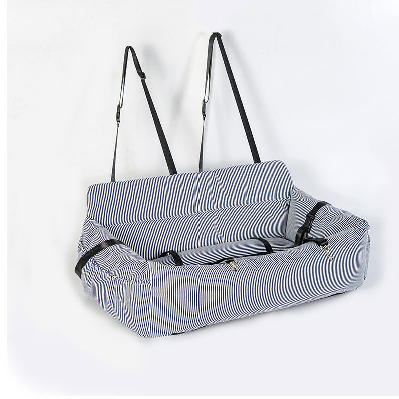 Removable Canvas Dog Travel Car Seat Pad | Durable Pet Bed & Kennel Cover - Blue White Thin Stripes / 85x50x30cm