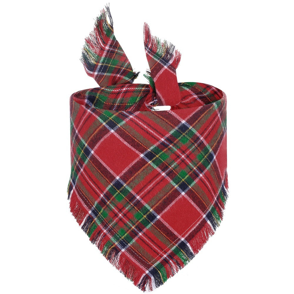 Check Dog Triangle Scarf: Tassel Style Woven Dog Bandana Wine Red Accessories