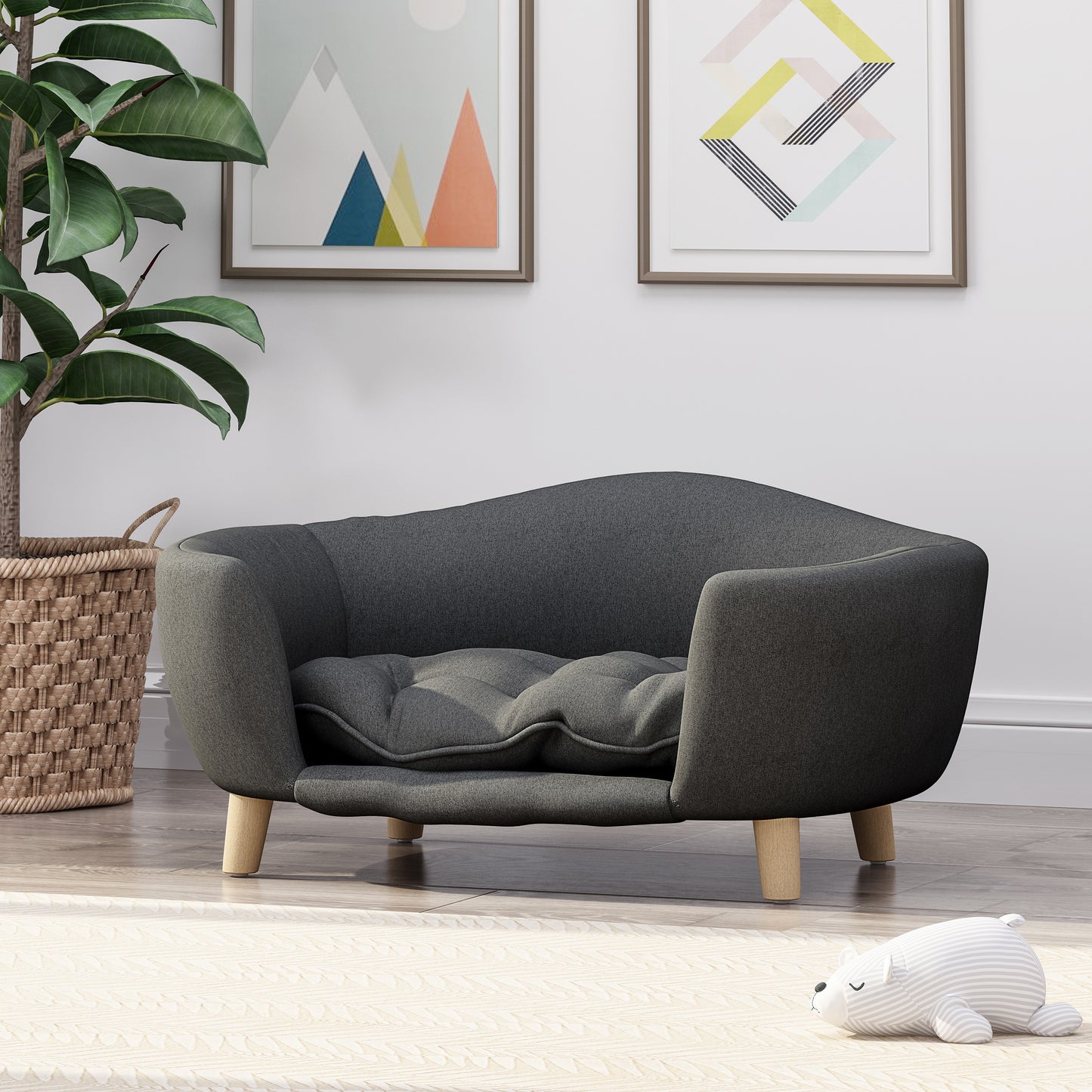Mid Century Modern Elevated Dog Bed with Tufted Cushion Dark Gray Dog Bed Dark gray Accessories