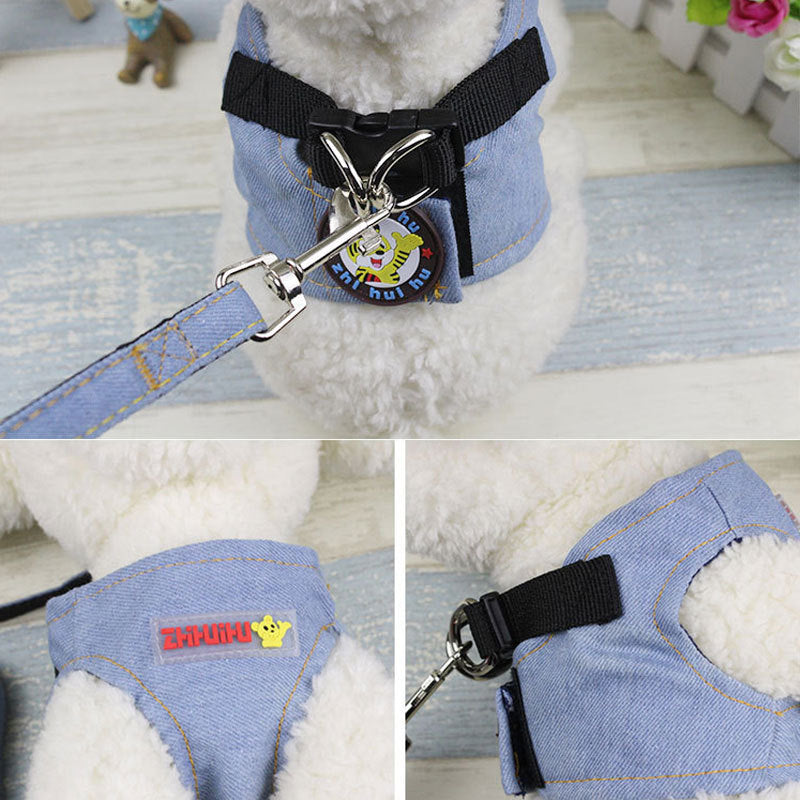 Cute Vest-Style Denim Dog Harness and Leash Set for Small Dogs - coats