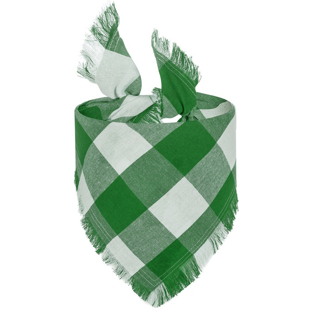 Check Dog Triangle Scarf: Tassel Style Woven Dog Bandana Light Green Accessories
