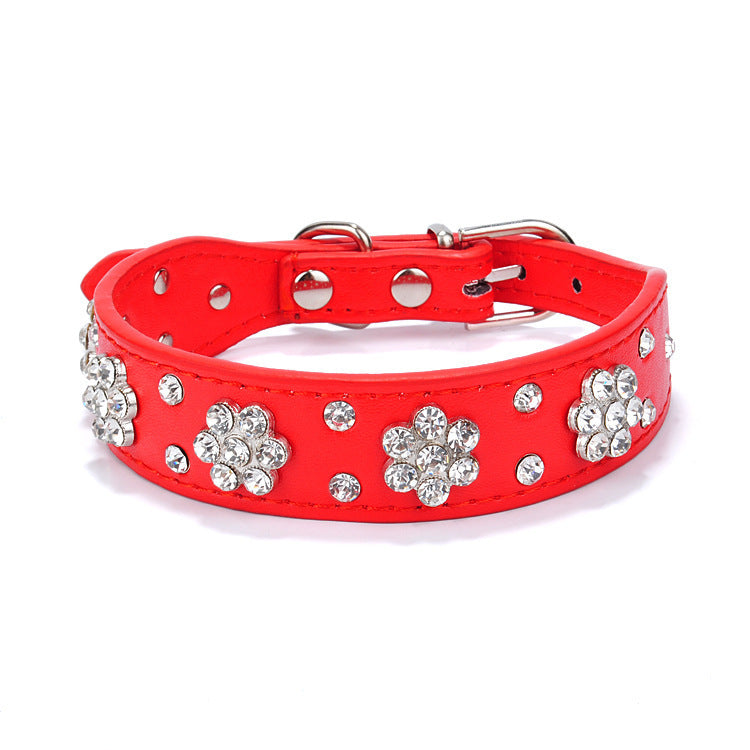 Rhinestone Flower Studded PU Leather Dog Collar | Adjustable Collar For All Dogs Red / M collar