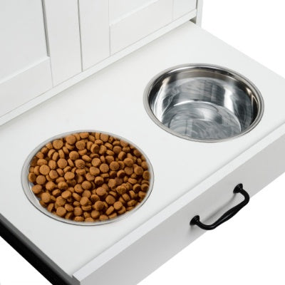 Modern Dog Feeding Station with Hidden Storage And Elevated Bowls | Dog Food Cabinet White beds