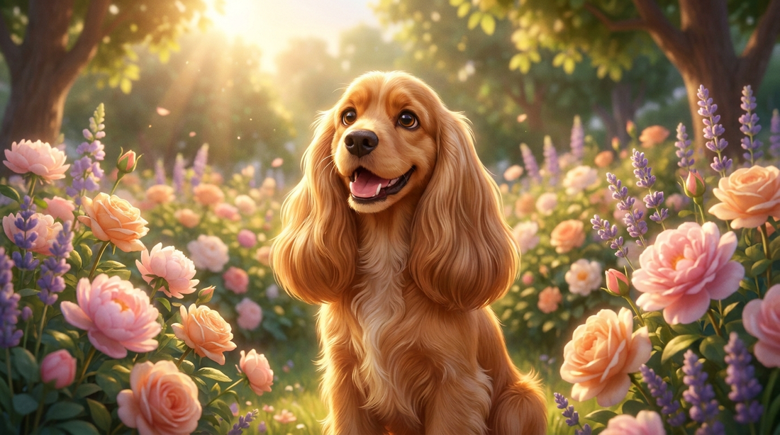 Cocker Spaniel in sunlit garden, Pixar illustrated style
