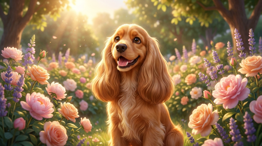 Cocker Spaniel in sunlit garden, Pixar illustrated style