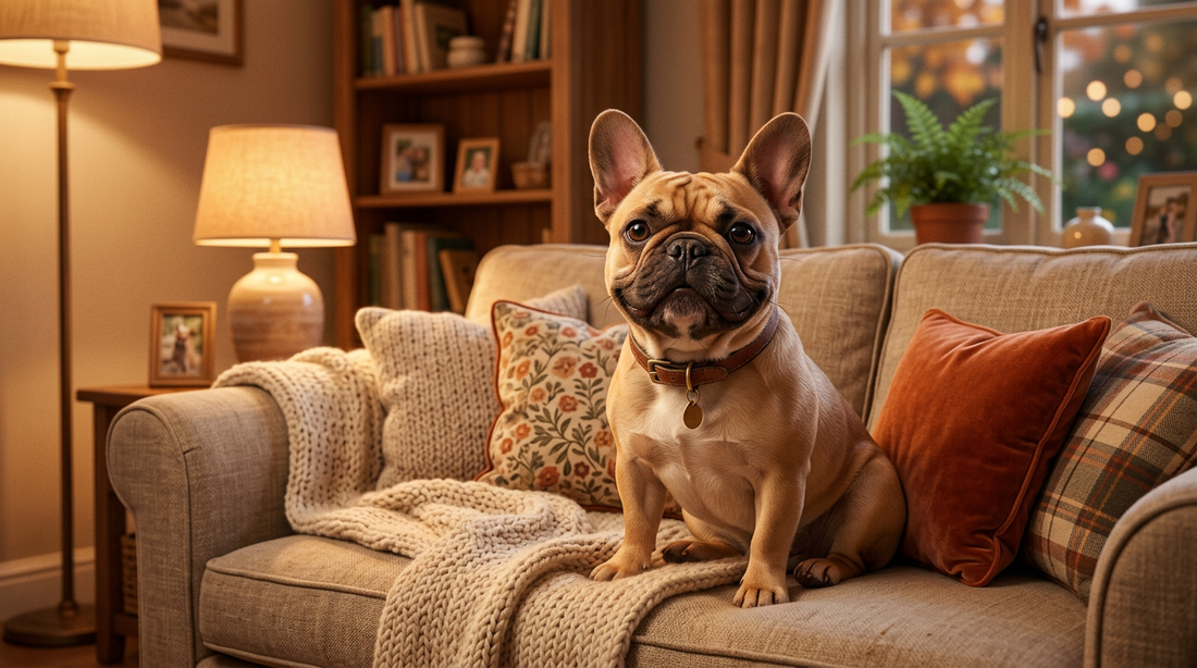 French Bulldog on a cosy sofa, Pixar illustrated style