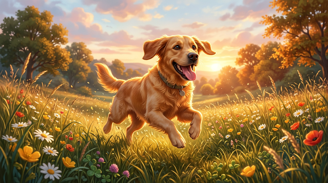 Happy Labrador Retriever outdoors in golden light, Pixar illustrated style