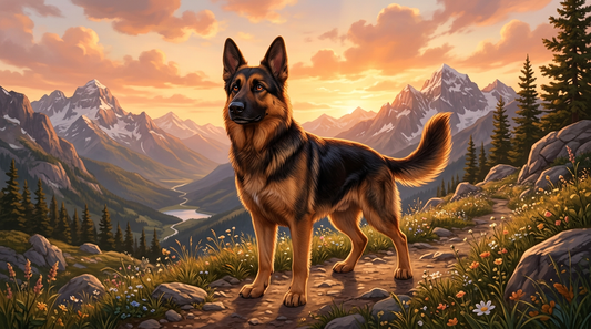 German Shepherd in outdoor setting, Pixar illustrated style
