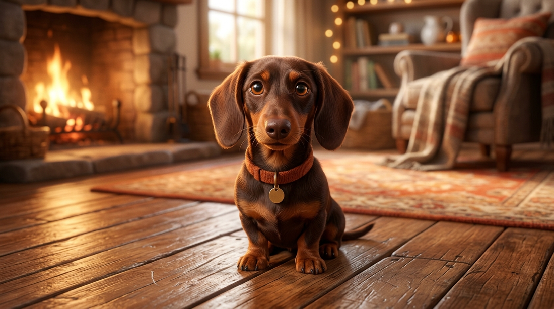 Dachshund on wooden floor, warm tones, Pixar illustrated style