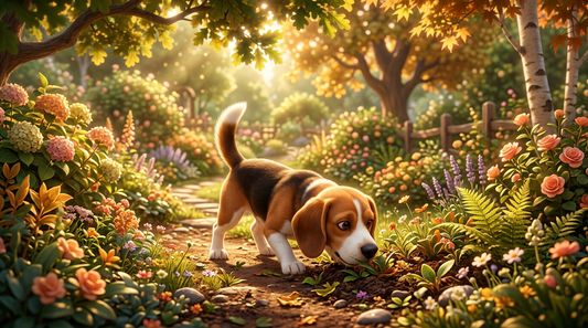 Beagle sniffing in garden, warm Pixar illustrated style