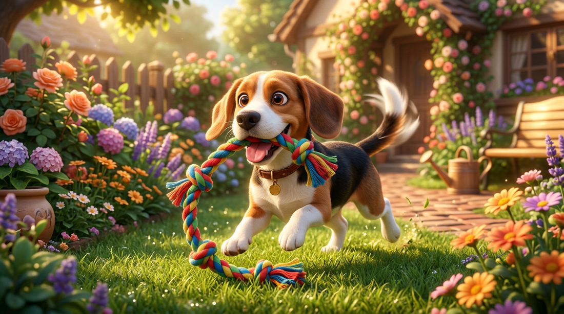 Beagle playing with toy in garden, warm Pixar illustrated style