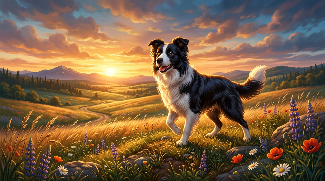 Border Collie in open field at golden hour, Pixar illustrated style