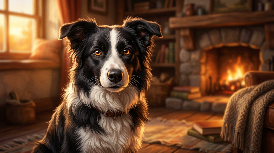 Border Collie with intense eyes, Pixar illustrated style