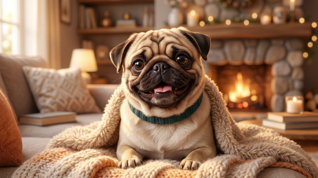 Pug with wrinkly face, warm cream tones, Pixar illustrated style