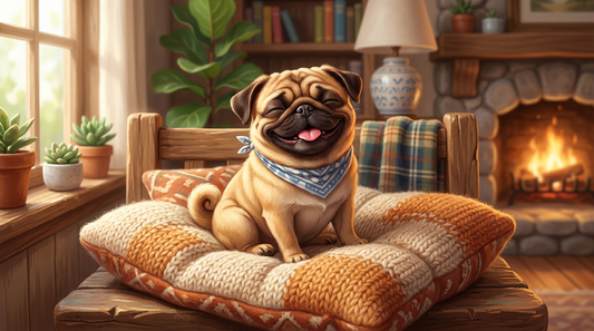 Happy Pug sitting on cushion, warm illustrated style