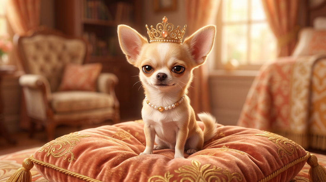 Chihuahua sitting regally on cushion, Pixar illustrated style