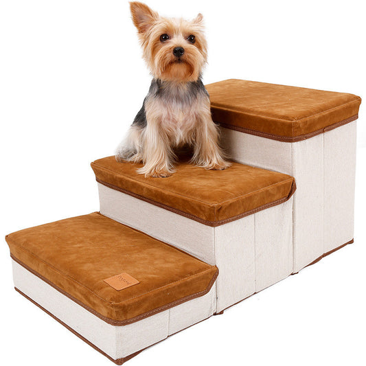 Brown Foldable Dog Stairs with Storage Cotton Dog Ramp home