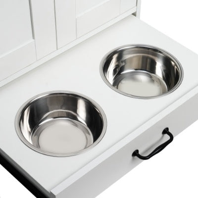 Modern Dog Feeding Station with Hidden Storage And Elevated Bowls | Dog Food Cabinet White beds