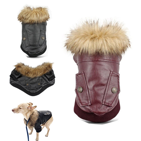 Luxury Dog Leather Coat with Faux Fur Collar | Warm Dog Winter Jacket - Coats & Dog Vests