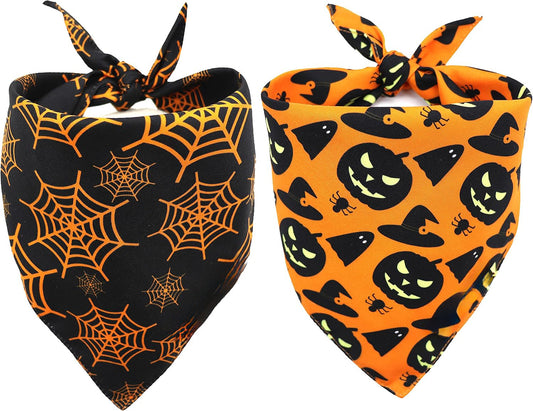 Halloween Dog Bandana | Reversible Pumpkin And Spider Web Dog Bandana bow