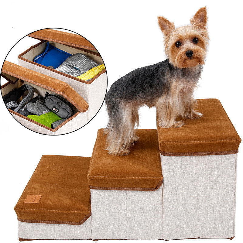 Brown Foldable Dog Stairs with Storage Cotton Dog Ramp home