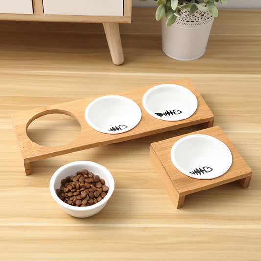 Elevated Bamboo Dog Feeder with Ceramic Bowls | Single Double And Triple Dog Dishes food
