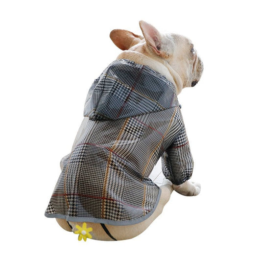 Plaid Dog Raincoat: Tear-Resistant Two-Legged Dog Waterproof Jacket in Grey - Accessories