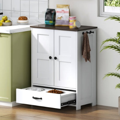 Modern Dog Feeding Station with Hidden Storage And Elevated Bowls | Dog Food Cabinet White beds
