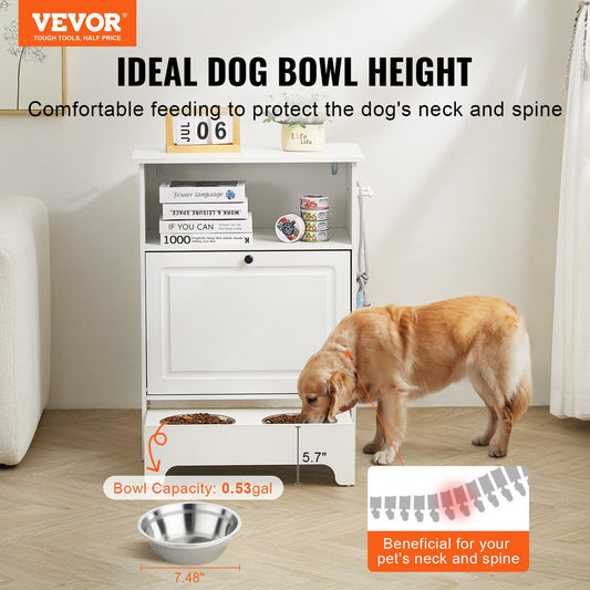 VEVOR Dog Feeding Station with Elevated Dog Bowls | Hidden Storage Cabinet for Dog Food And Toys White food
