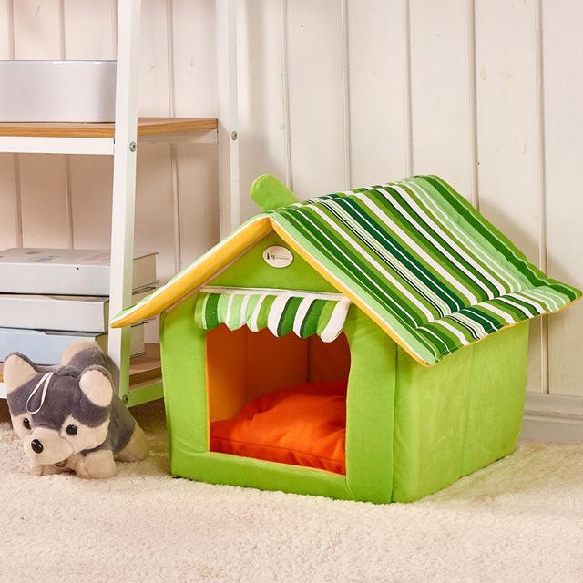 Foldable Dog House And Bed with Removable Cushion | Striped Dog Bed And House Green / L beds