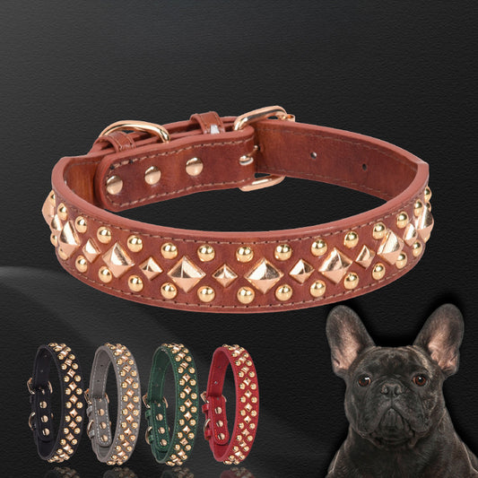 Rivet Golden Leather Dog Collar | Retro Style Dog Collar Accessories