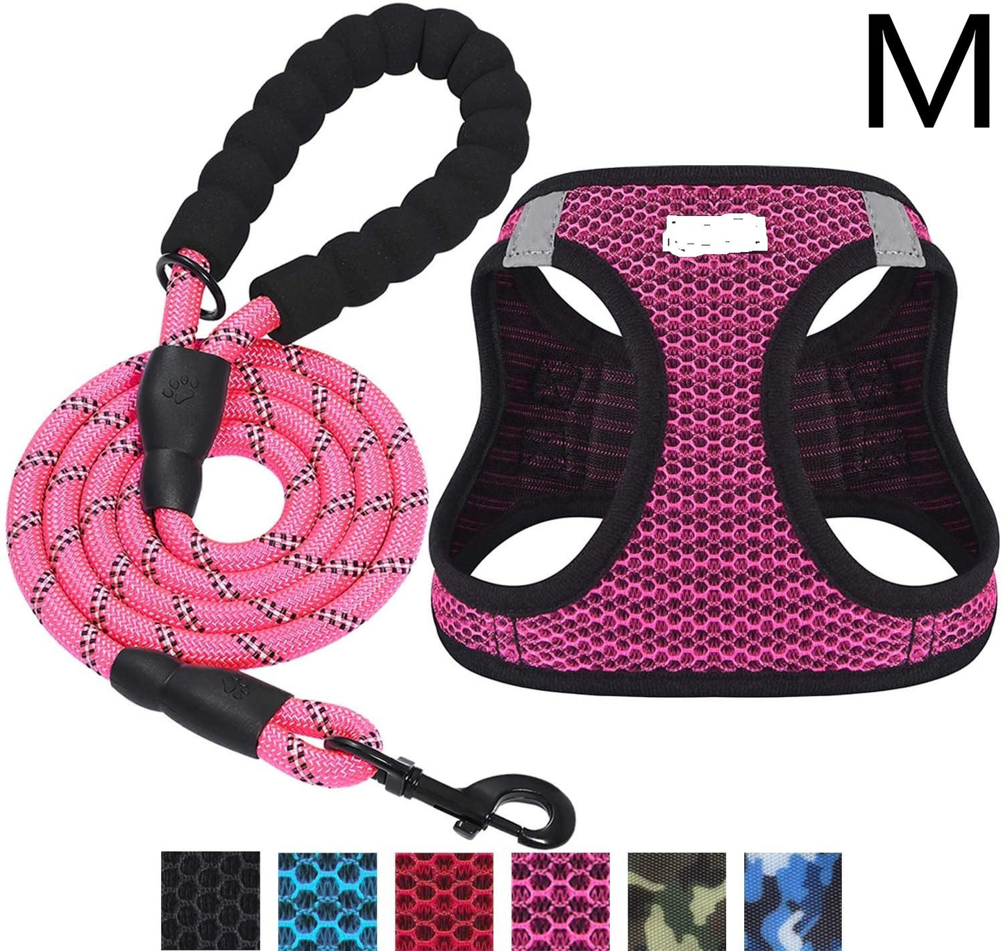 Reflective Nylon Dog Harness and Leash Set for Night Walks - Pink M - Accessories