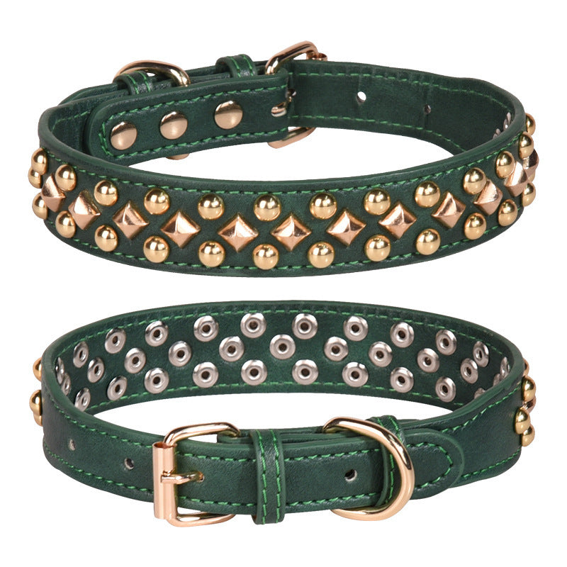 Rivet Golden Leather Dog Collar | Retro Style Dog Collar GREEN / L 51X3.5CM Accessories