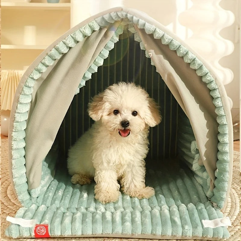 Cozy Winter Dog House | Enclosed Dog Kennel with Double Curtain house