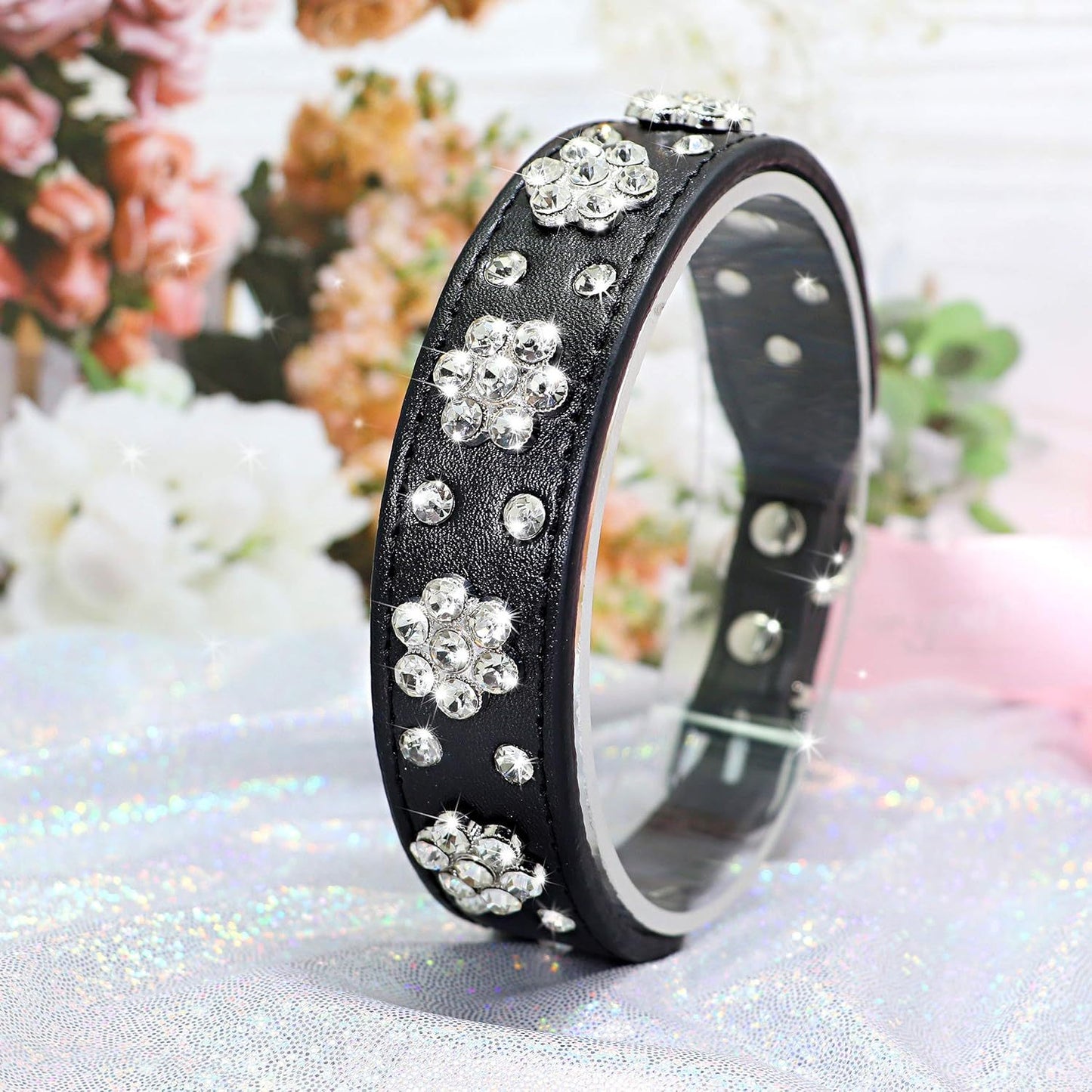 Rhinestone Flower Studded PU Leather Dog Collar | Adjustable Collar For All Dogs collar