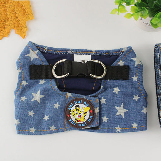 Cute Vest-Style Denim Dog Harness and Leash Set for Small Dogs - coats
