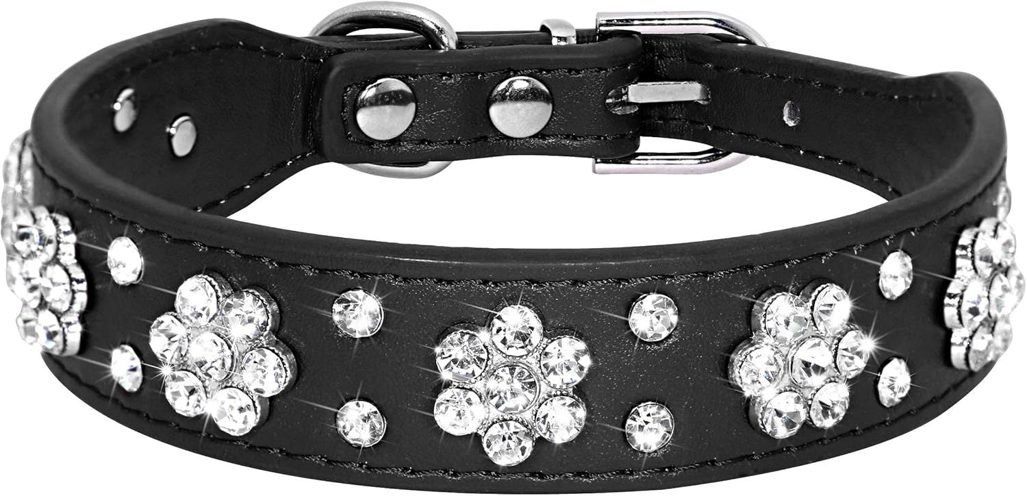 Rhinestone Flower Studded PU Leather Dog Collar | Adjustable Collar For All Dogs collar