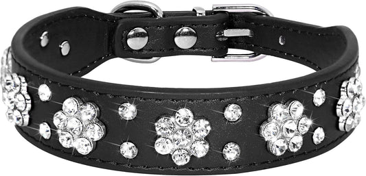 Rhinestone Flower Studded PU Leather Dog Collar | Adjustable Collar For All Dogs collar