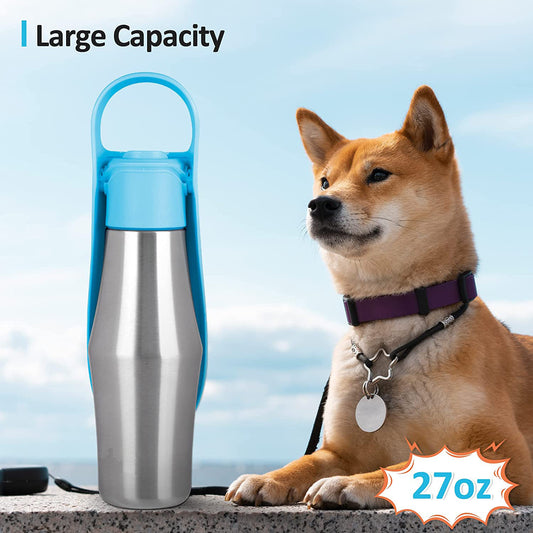 Portable Stainless Steel Dog Water Bottle | Dog Travel Dispenser with Built-in Silicone Bowl - travel